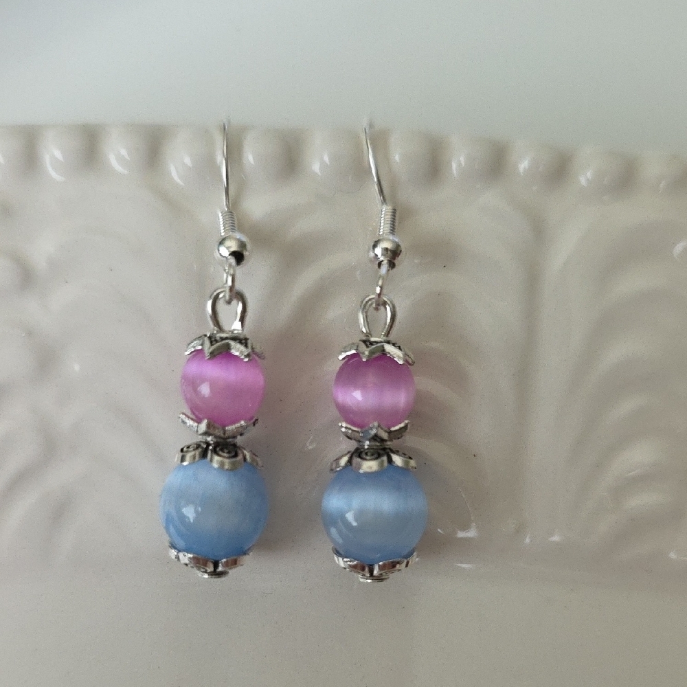 Pink and Blue SELENITE Pastel Beaded Handcrafted Artisan Earrings